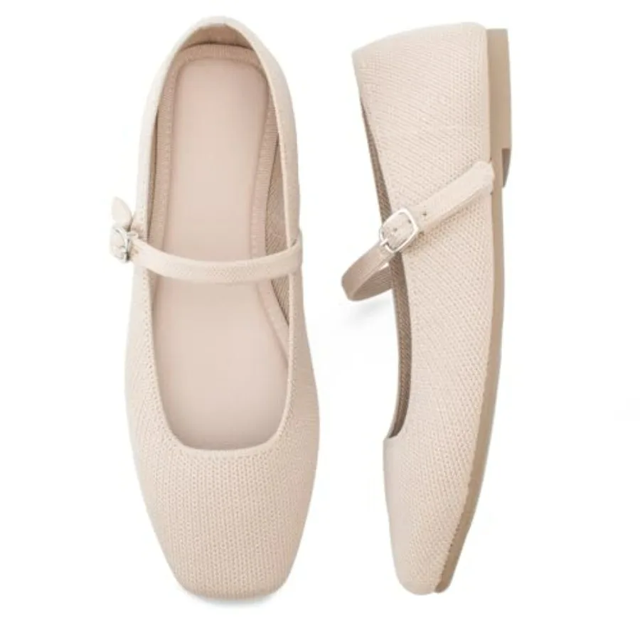 

Soesyi Knit Flats for Women Square Toe Flats Casual Ballet Flats with Ankle Strap, Mary Jane Shoes Women Comfortable for Dressy