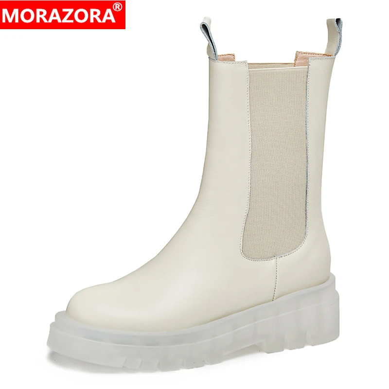 

MORAZORA Chelsea Boots Women Shoes Slip On Platform Ankle Boots For Women Genuine Leather Booties Fashion Shoes Size 34-43