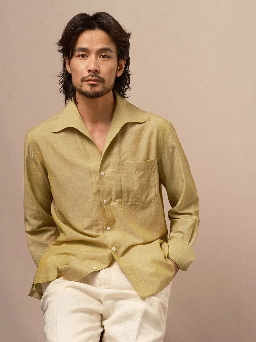 

Cultum Italian Sle Vintage Naples One-Piece Collar Men's Busin Casual High-End Long Sve irt Cotton Polyester Linen