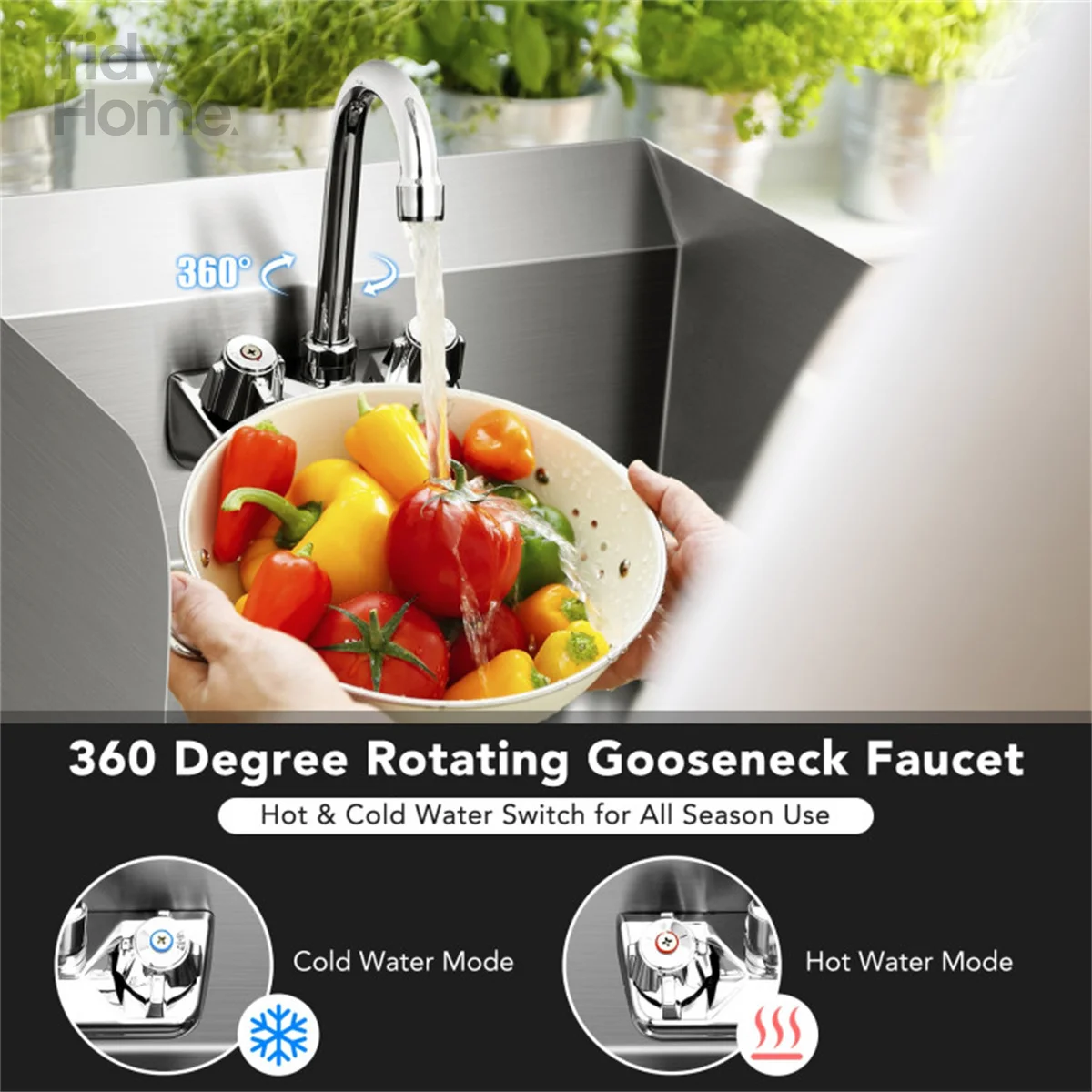 Wall mounted sink with Gooseneck Faucet and High Side Splash, rotate 360°, Large-sized Hand Sink, Rounded corner design,Kitchen