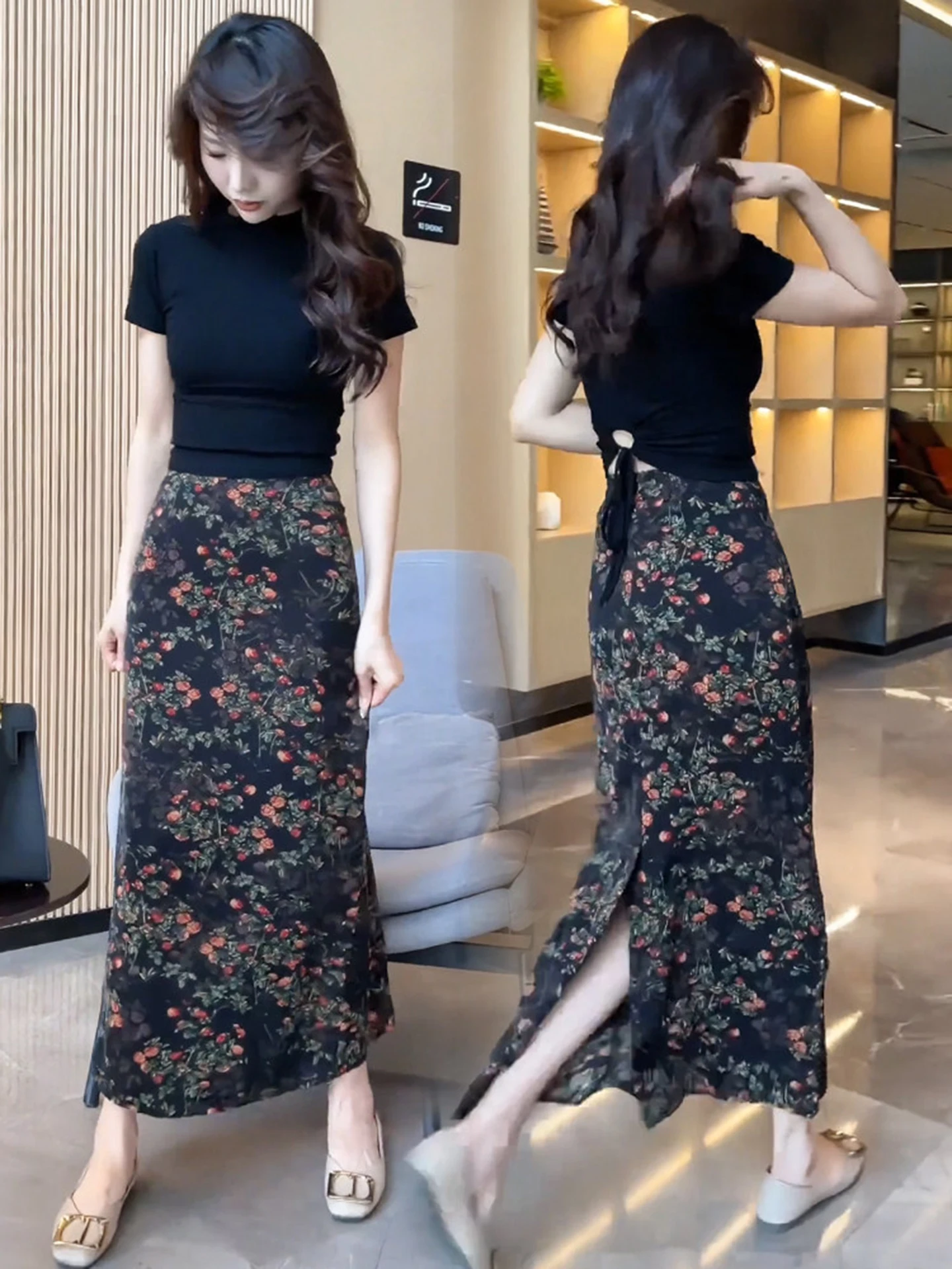 High Quality Vintage Floral Half Skirt Women's Summer New Style Hanging Smooth Slim High Waist Slit Sleeveless Skirt