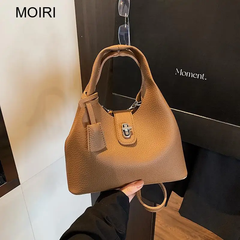 Women Brown Litchi Pattern Handbag Top Handle Purse Crossbody Bucket Bag Large Capacity for Daily Work Travel