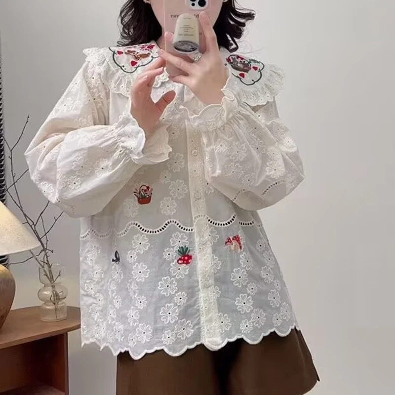 2025 Spring Sweet Embroidery Shirt Women Long Sleeve Doll Collar Lace Single Breasted Shirts