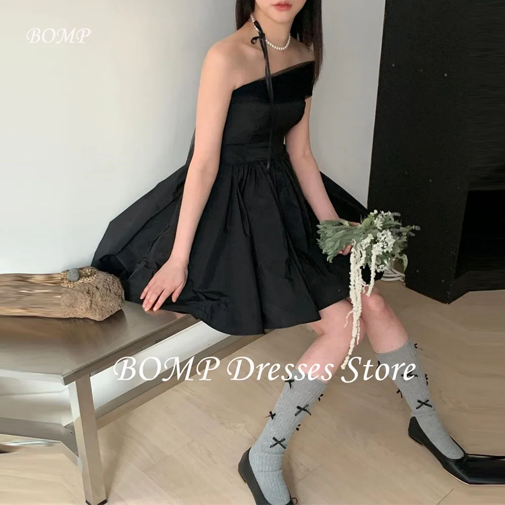 BOMP Simple Black Mini Party Dresses With Tulle Bolero Strapless Taffeta Korea Wedding Photo shoot Corset Back Dress Customized