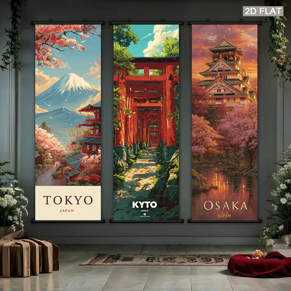 VIKAMA Japan Travel Wall Art Hanging Scroll Poster Tokyo Kyoto Osaka Sakura Canvas Painting for Living Room Bedroom Decor