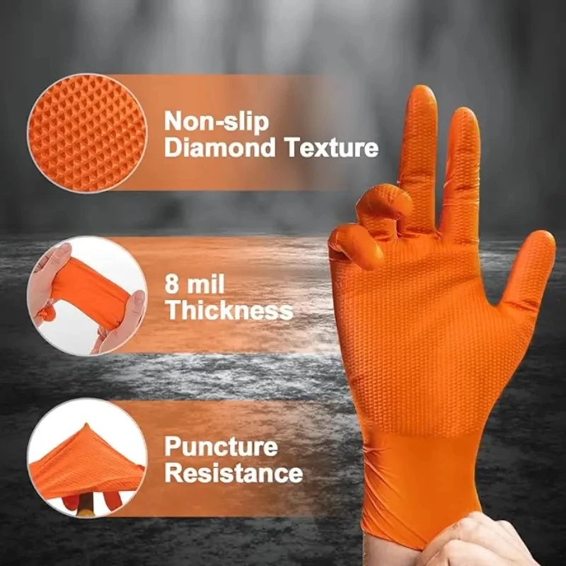 8Mil Heavy Duty Orange Nitrile Gloves Disposable Diamond Texture Grip Safety Work Gloves for Mechanic Cleaning Industrial Gloves