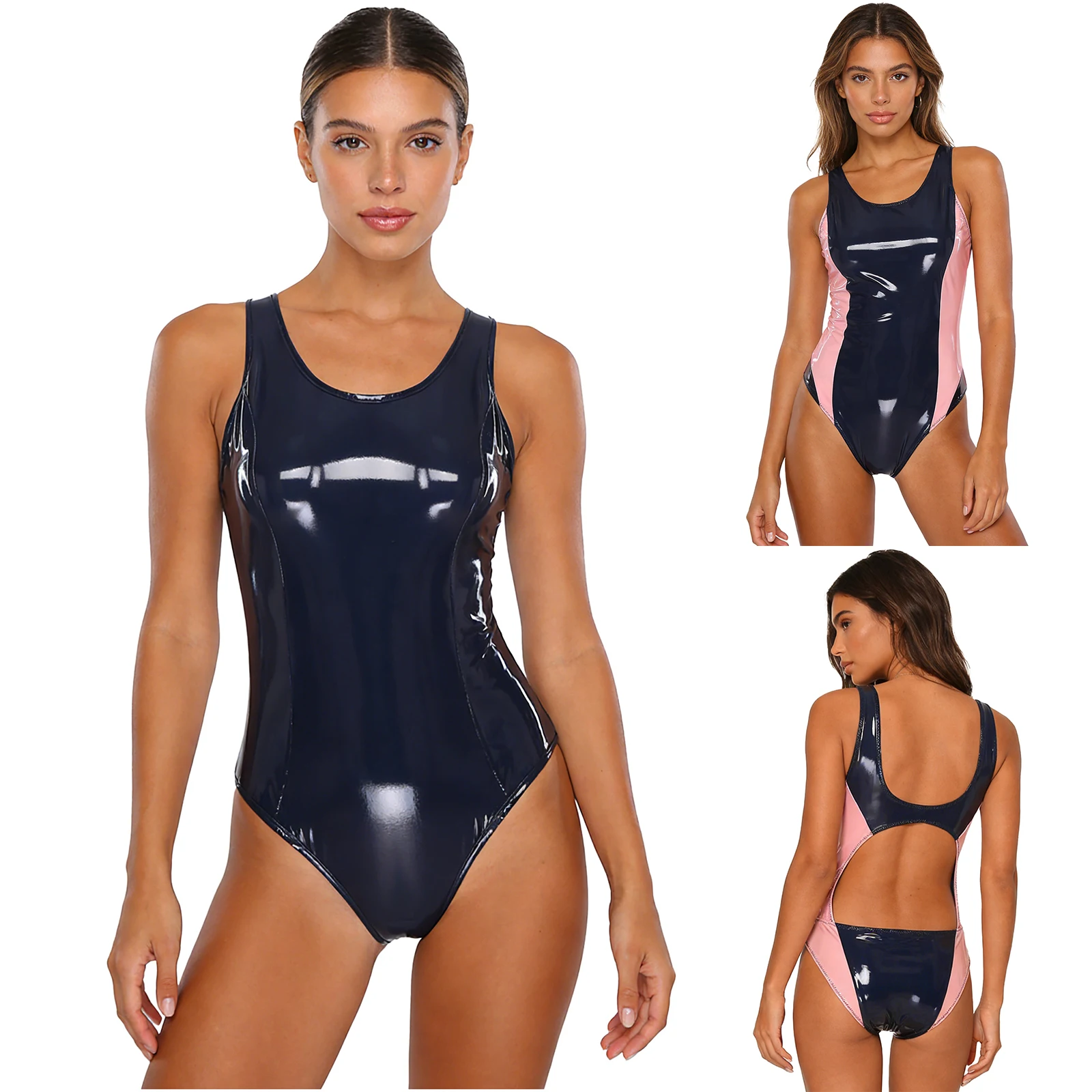 Damen Wet-Look PU-Leder Bodysuit Badeanzug Leotard Rundhals Ärmellos Bodycon Jumpsuit für Raves Club Pool Party