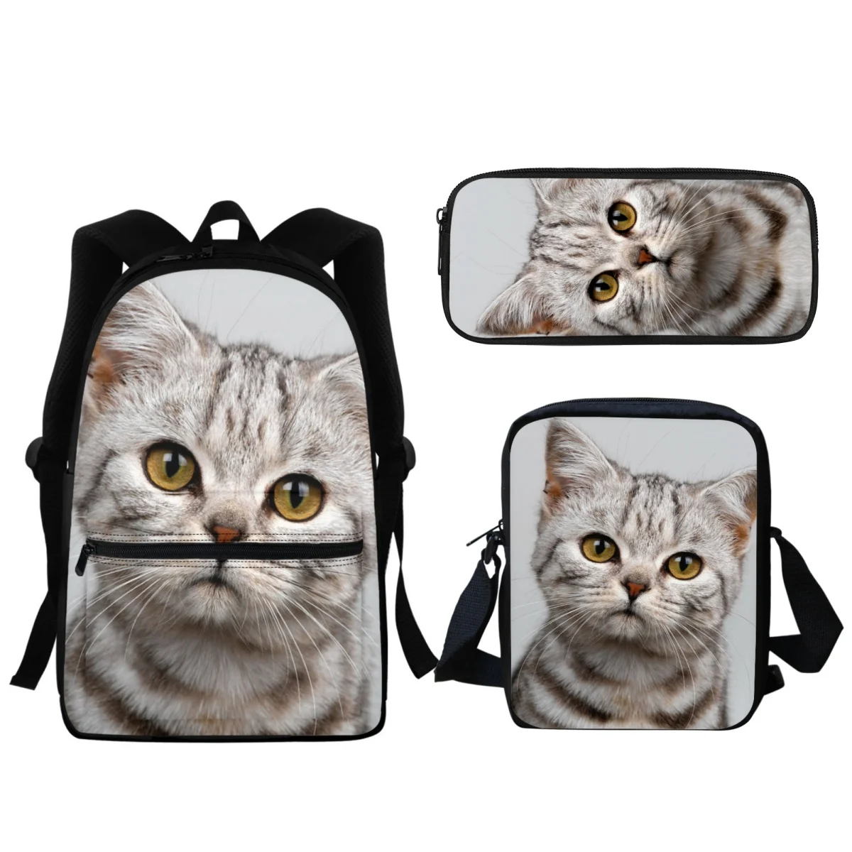 

3PC Cat Print Zipper Backpack Primary School Boys Girls Kids Animal School Bag High Quality Laptop Bag Stationery Organizer 2023