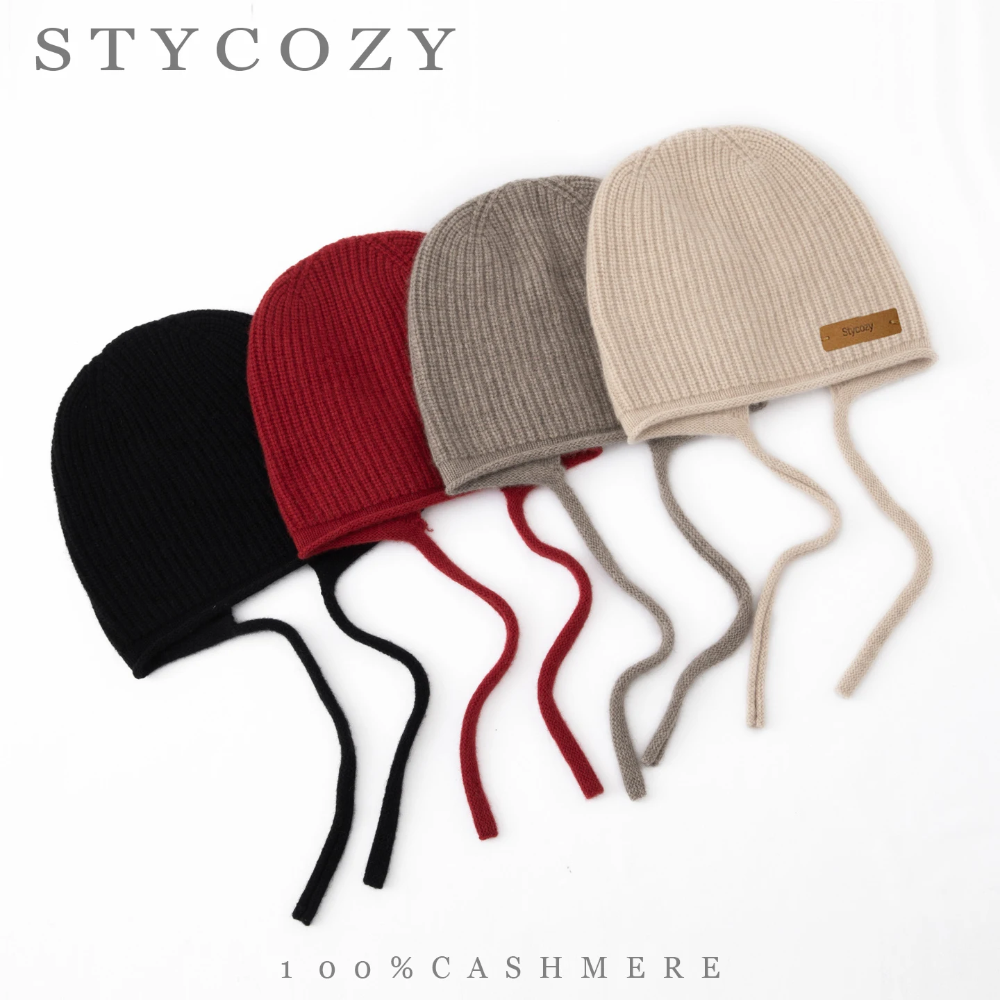 100% Cashmere Women Tie Earflap Hat Ribbed Knitted Soft Solid Ladies Skull Cap Winter Windproof Warm Outdoor Cuffed Beanie