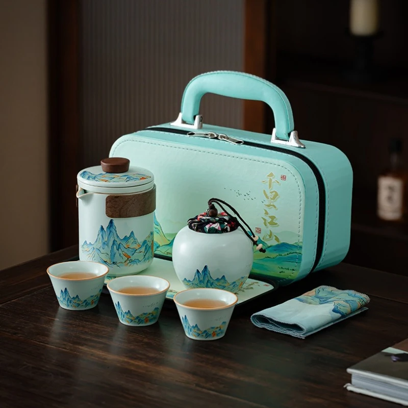 Elegantes tragbares Keramik-Kung-Fu-Tee-Set „Tausend Meilen Landschaft“, Reise-Outdoor-Mini-Teekanne und Tasse, geeignet für das Wohnzimmer