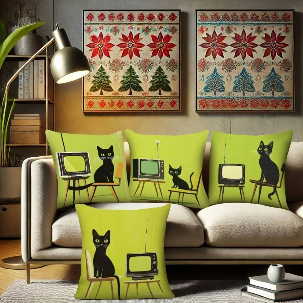 Set of 4 Throw Pillow Covers with Retro Cat and Television Artwork for Living Room Decor
