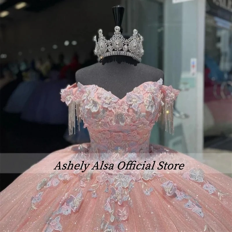 

Ashely Alsa Sparkly Princess Coral Quinceanera Dresses With Train Sweet 16 Beads Tassels Birthday 15th Party Gown Prom Vestidos