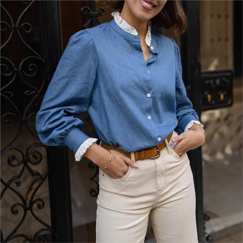 

2025 Autumn New Denim Blue Shirt Women Casual White Lace Spliced Stand-up Collar Long Sleeve Shirt Streetwear Elegant Shirt