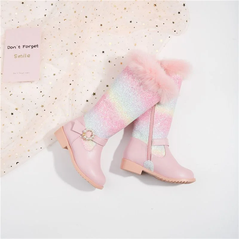 2023 New Autumn Winter Girls Rainbow Princess Fashion Children Pink Boots Knee Length Boots Plush Fur Girls Shoes