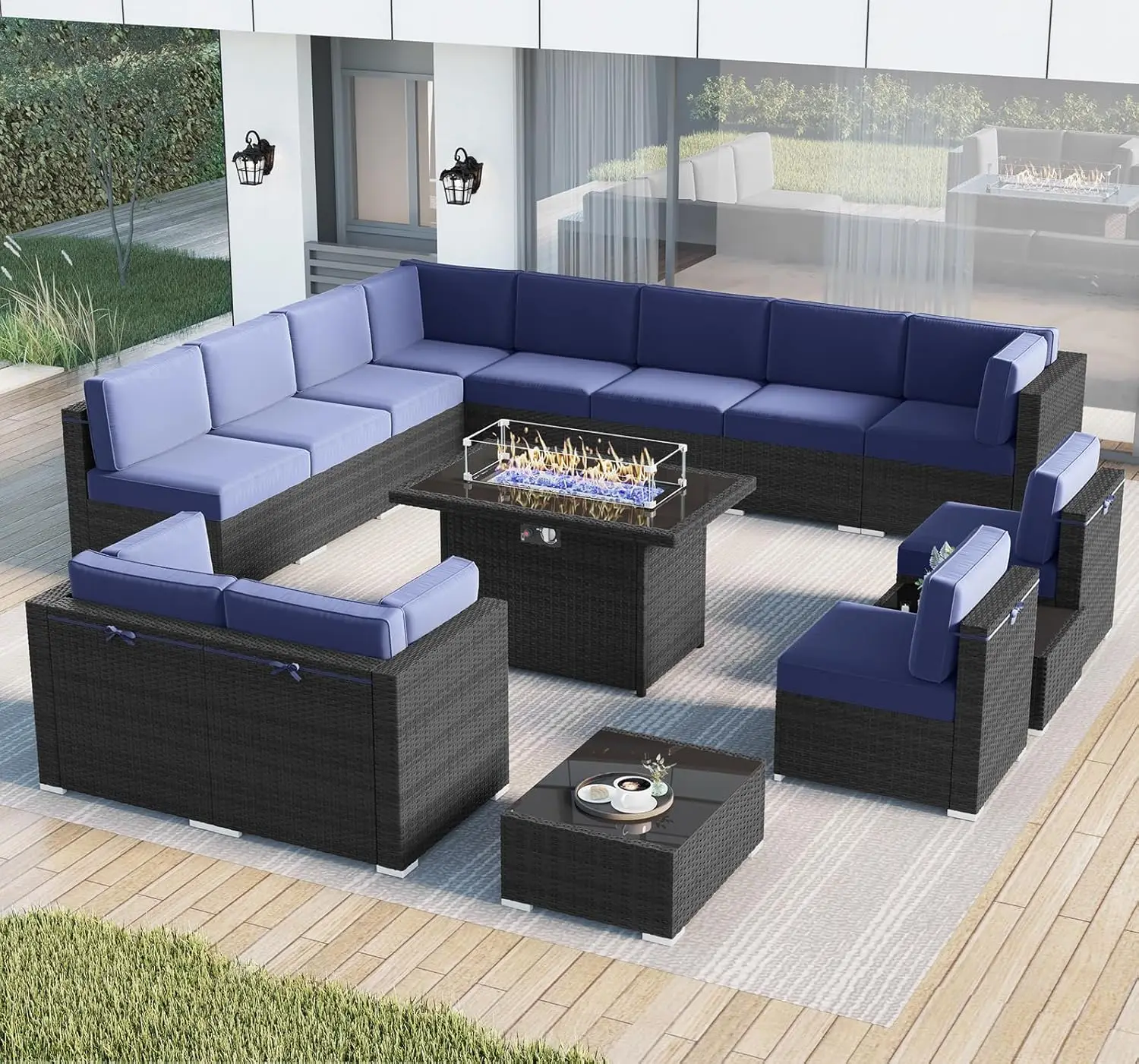 LayinSun muebles de Patio con mesa de Pit de fuego, juegos de conversación al aire libre, sofá Seccional de mimbre de ratán con mesa de centro