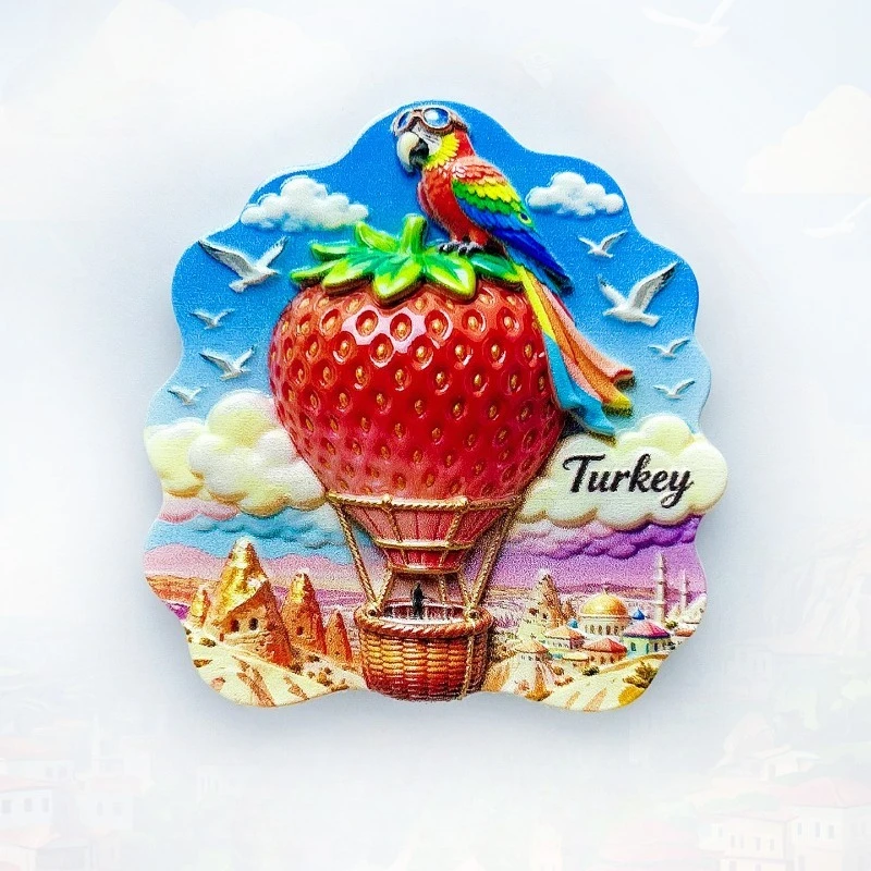 Turkey Hot Air Balloon Fridge Magnet - Whimsical 3D Strawberry Parrot Souvenir Unique Cappadocia Gift for Travel & Fantasy Decor
