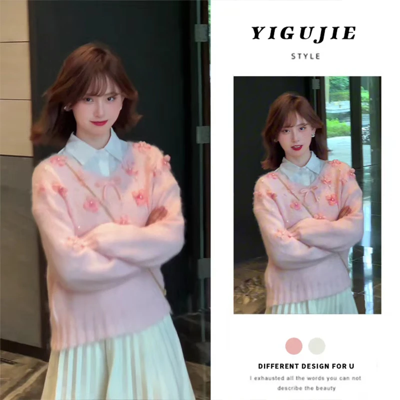 

Новинка! Женский комплект из 3 предметов: топ с V-образным вырезом и 3D-цветами, плиссированная юбка. Осенне-зимний вариант. Белый.