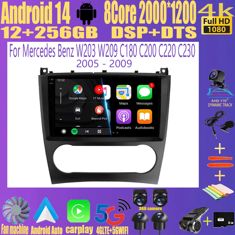 

Android 14 For Mercedes Benz W203 W209 C180 C200 C220 C230 2005 - 2009 Car Radio Stereo Multimedia Navigation GPS Carplay AUTO