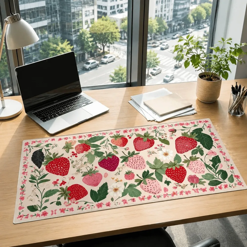 Original strawberry and floral patterned simple tablecloth, suitable for office workers, students and families for decorating