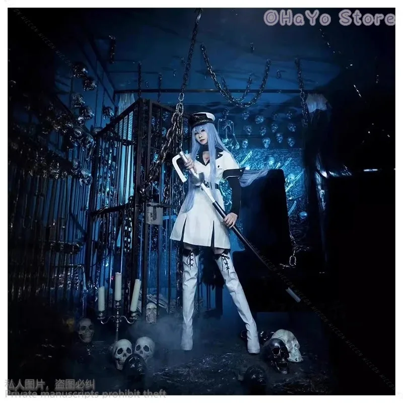 أزياء CyAnime Akame Ga KILL Esdeath التأثيرية مع قبعة وجوارب ملابس شعر مستعار للنساء مجموعة كاملة من Esdeath Empire ملابس عامة للحفلات