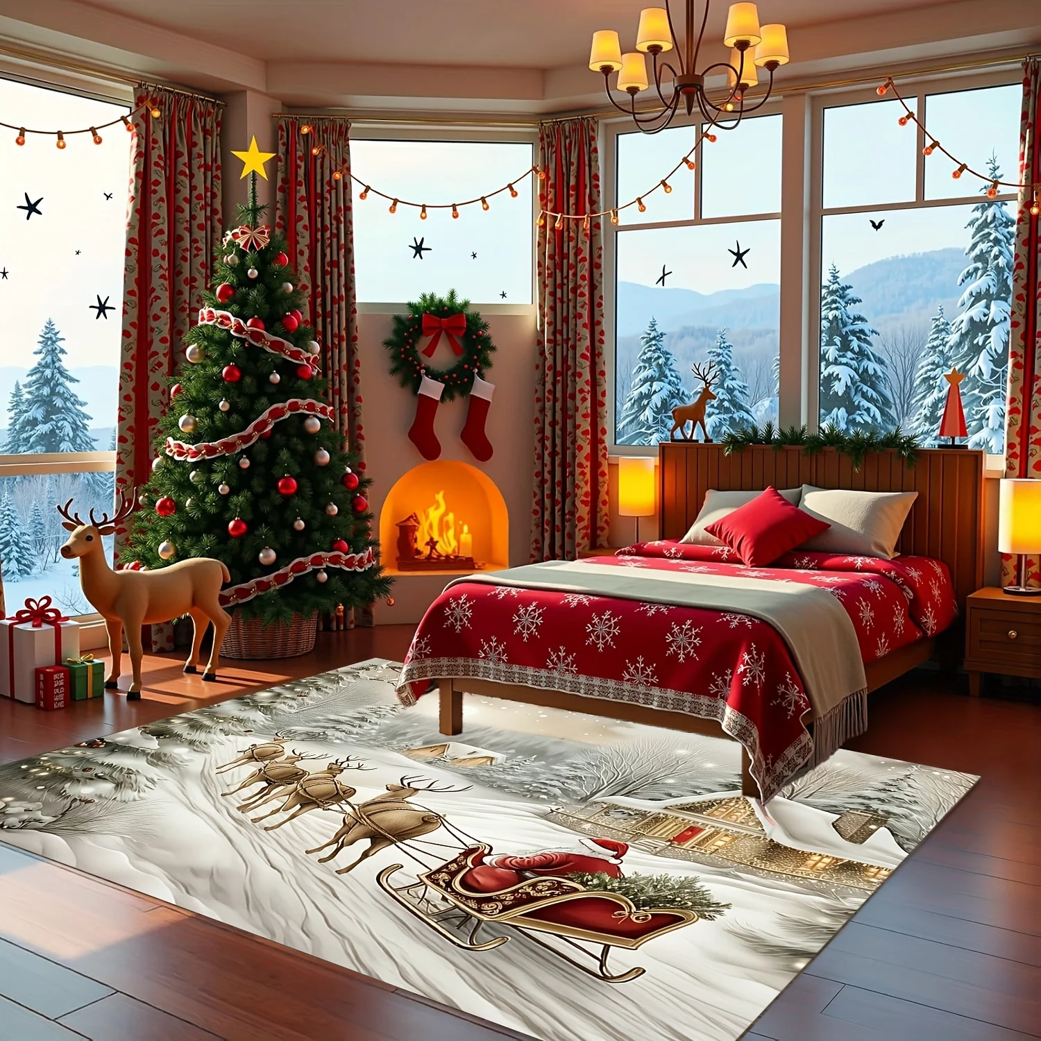 1pc Luxury Snow Scene Rug with Santa & Reindeer, Machine Washable, for Living Room, Bedroom, Kitchen, Christmas Decor