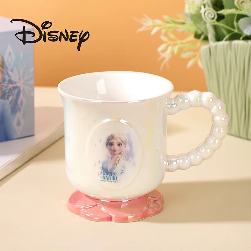 Disney Frozen Elsa Cute Cartoon Pearl Light Ceramic Coffee Cup Kawaii Mug Lovely Periphery Water Cup Home Decor Room Decoration