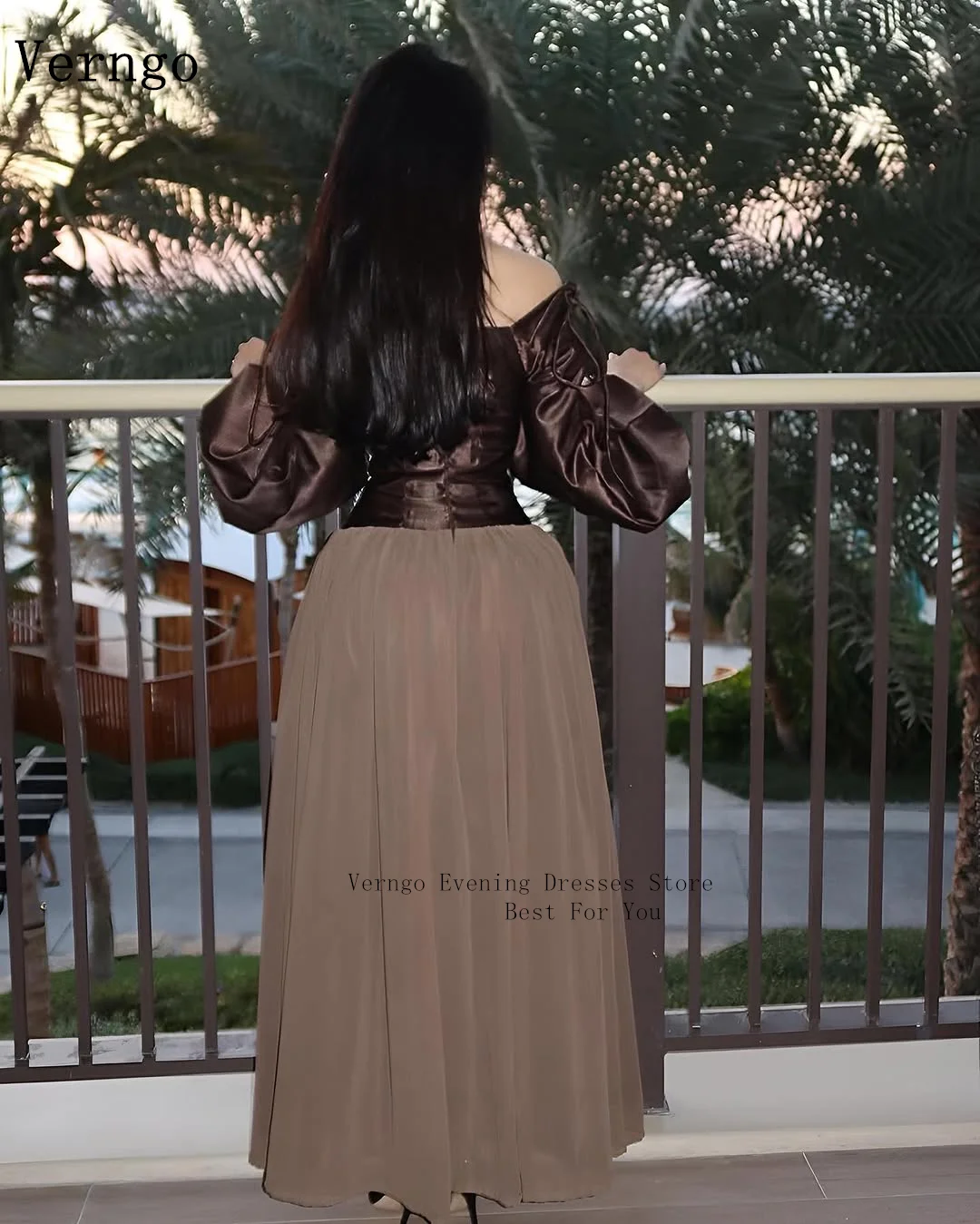 Verngo Brown Satin Evening Dress O Neck Full Sleeves A Line Formal Occasion Dresses Elegant Simple Prom Gowns Customized