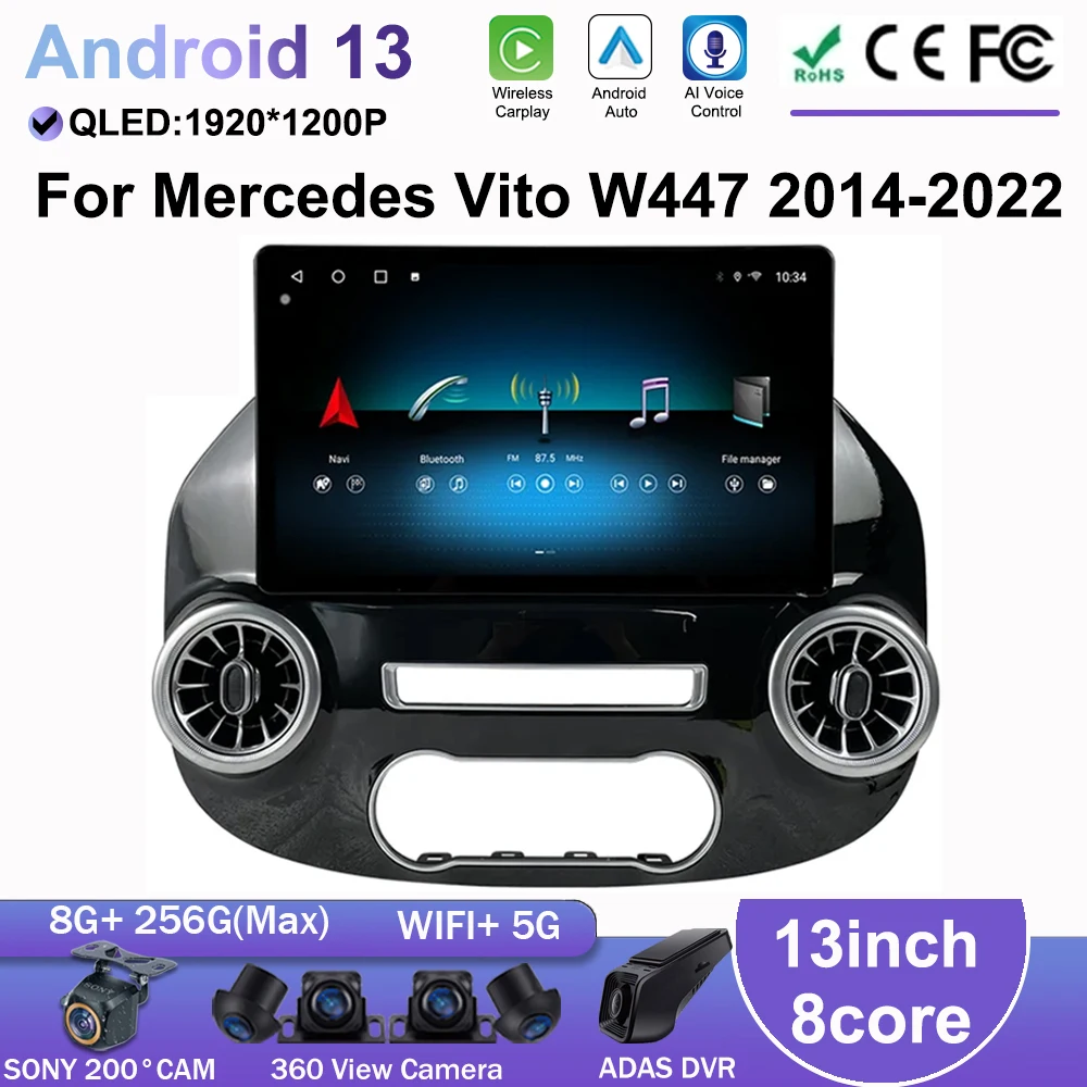 13inch Android For Mercedes Vito W447 2014-2022 Car Smart Multimedia Video Player GPS Radio 5G CarPlay Navigation WIFI QLED BT