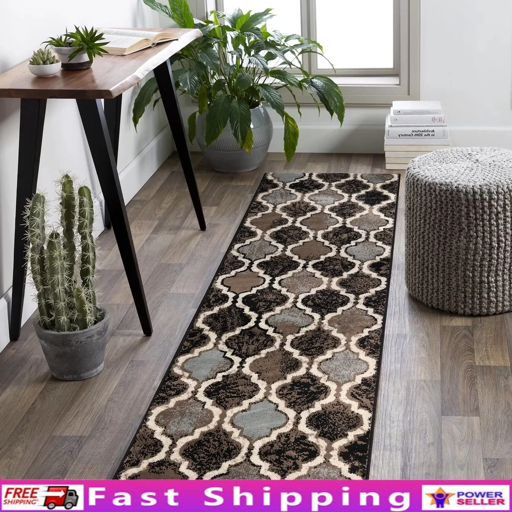 

Modern Geometric Trellis Indoor Area Rug 2'7"x8' Durable Polypropylene Soft Pile Jute Backing Fade Resistant High Traffic Rooms