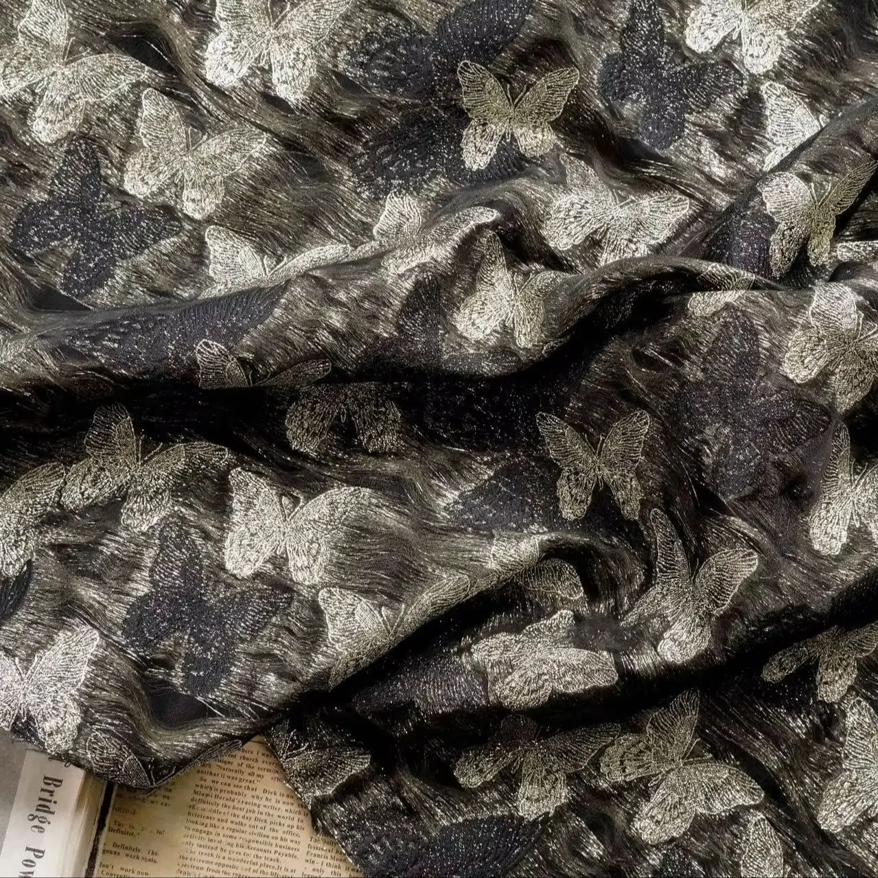 Black Metallic Butterfly Jacquard Fabric Autumn Winter Dress Gown Puff Skirt home Decor Material