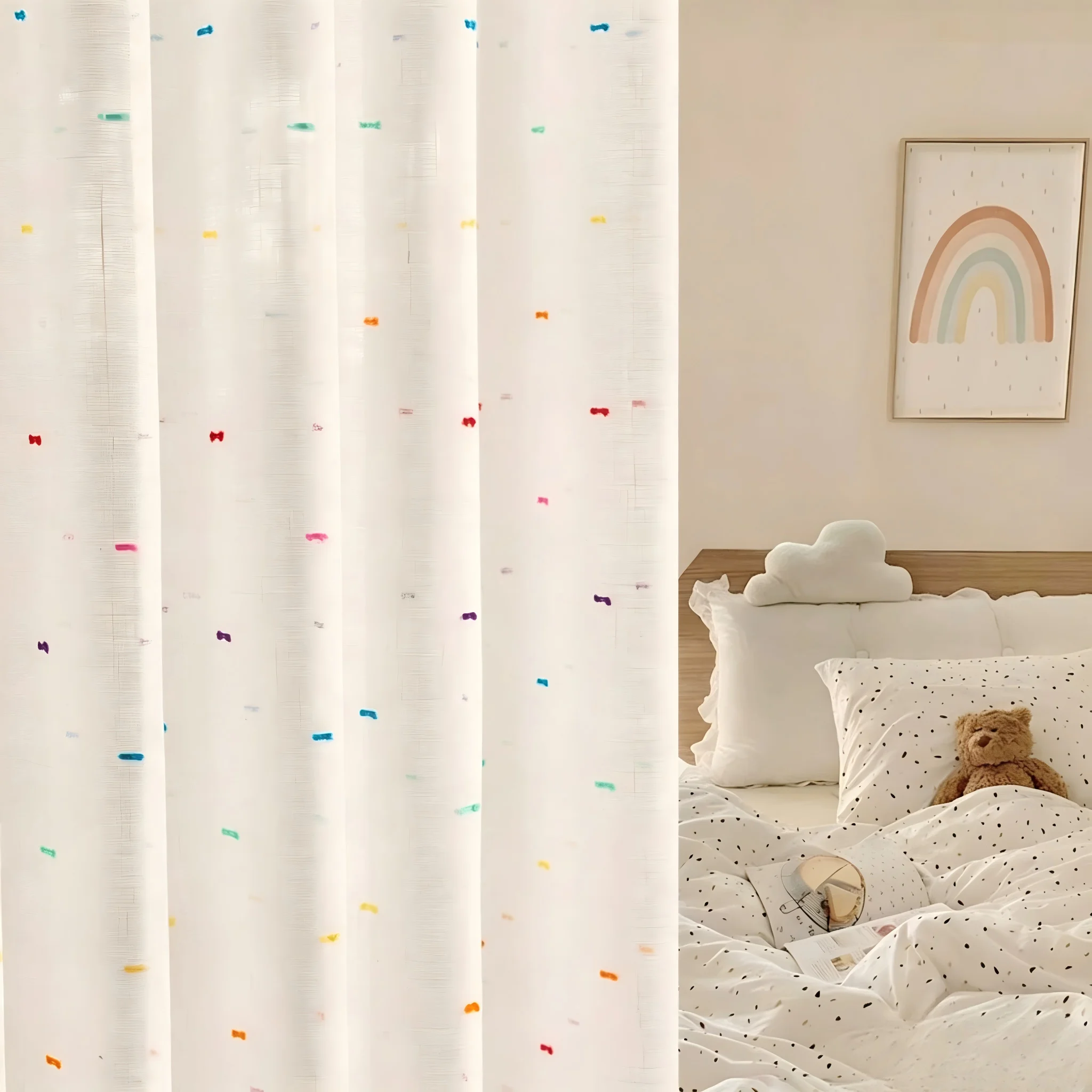 200048     Simple rainbow candy bean hemp gauze cute children's room girls' gauze curtains transparent but not transparent curta