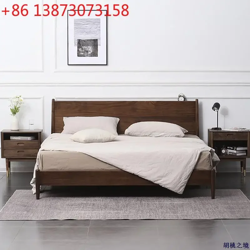 Nordic all solid wood cherry wood Modern simple Japanese log black walnut bedroom furniture 1.8m time bed