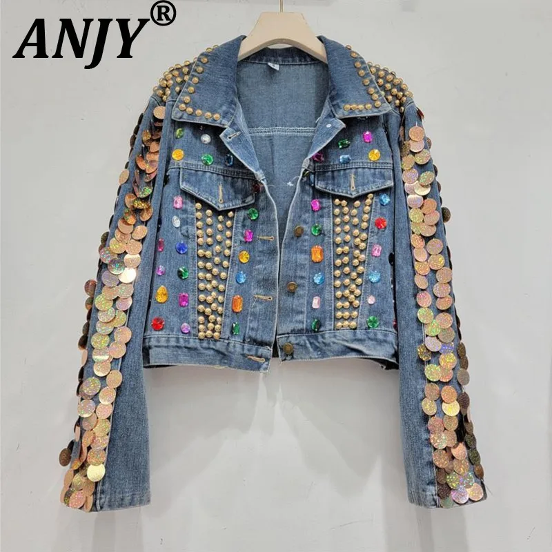 

ANJY Autumn New Women's Streetwear Chic Trendy Studded Diamonds Sequins Turn-down Collar Pockets Casual Short Denim Jacket A7753