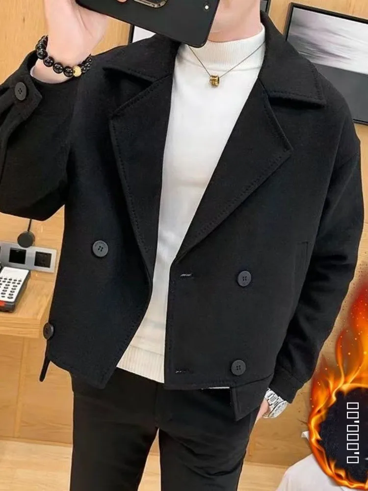 

Men's ort Double-Breasted Woolen Coat Autumn Winter Faionable Korean Sle Loose Thiened Windbreaker Coat Youth Casual