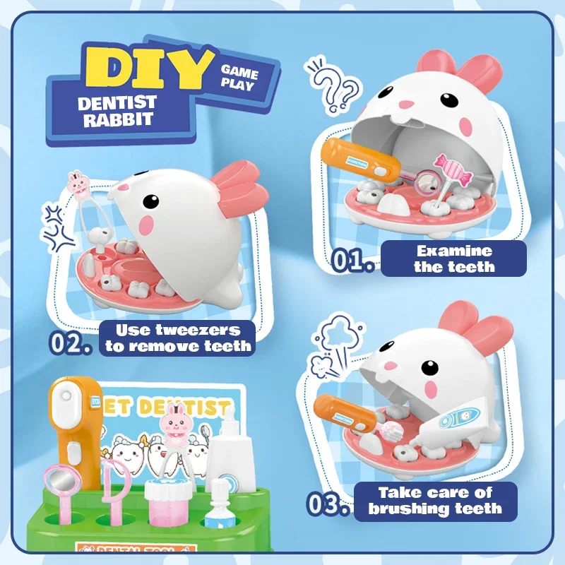Juego de herramientas para juego de imitación, juguetes, Kit de herramientas médicas para Cosplay de conejo, dentista con luz, juguete educativo preescolar, regalos para el Día de los niños