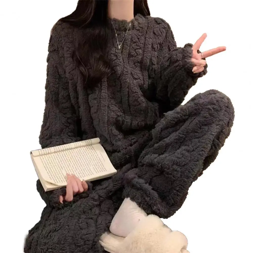 Loose Fit Women Pajama Set Womens Fleece Pajamas Set Soft Fluffy Pullover Sleepwear Ribbed Two-piece Sherpa Lounge Winter
