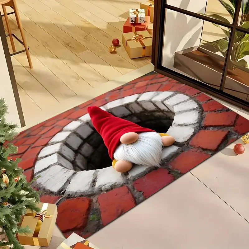 VIKAMA 3D Illusion Christmas Gnome Doormat Non Slip Dirt Trapping Floor Mat For Entryway Front Porch Christmas Home Decor