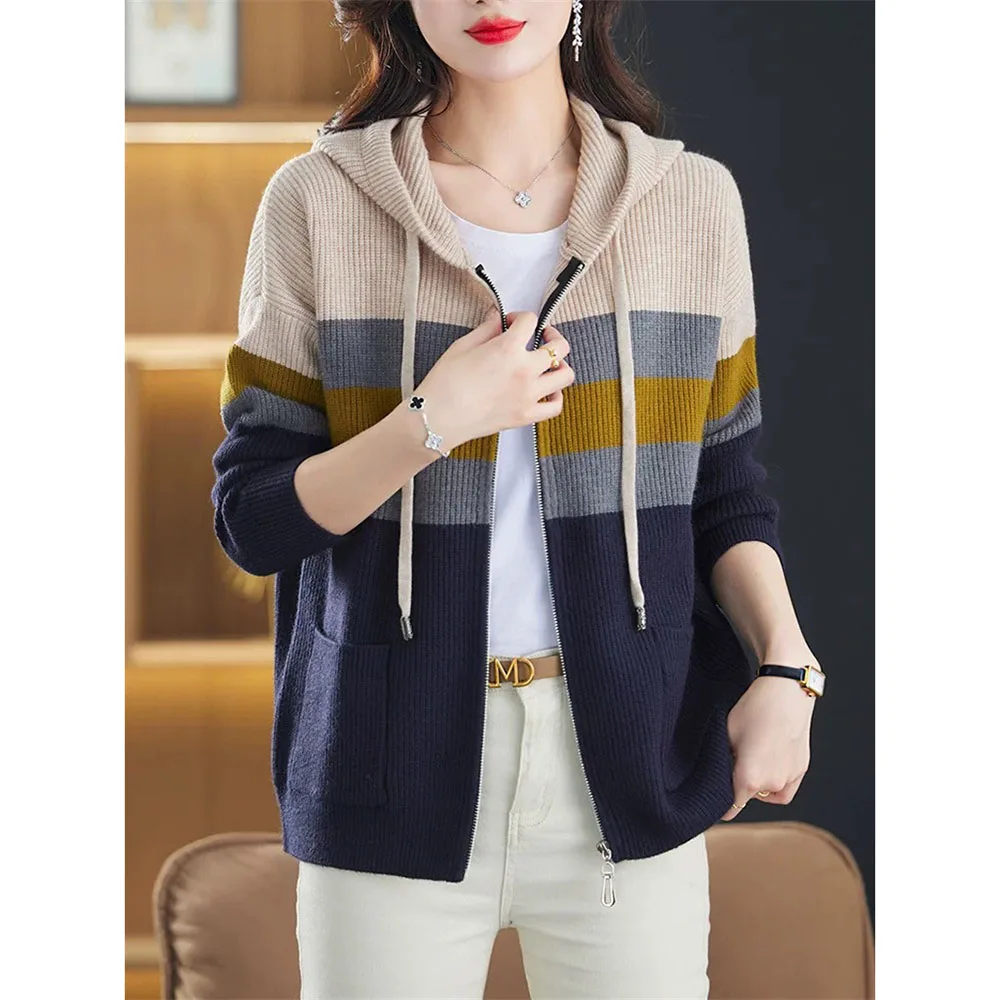 Women Casual Hooded Knitted Sweater Coat Spring Autumn Korean Loose Striped Color-blocking Cardigan Female Zipper Sweater Jacket
