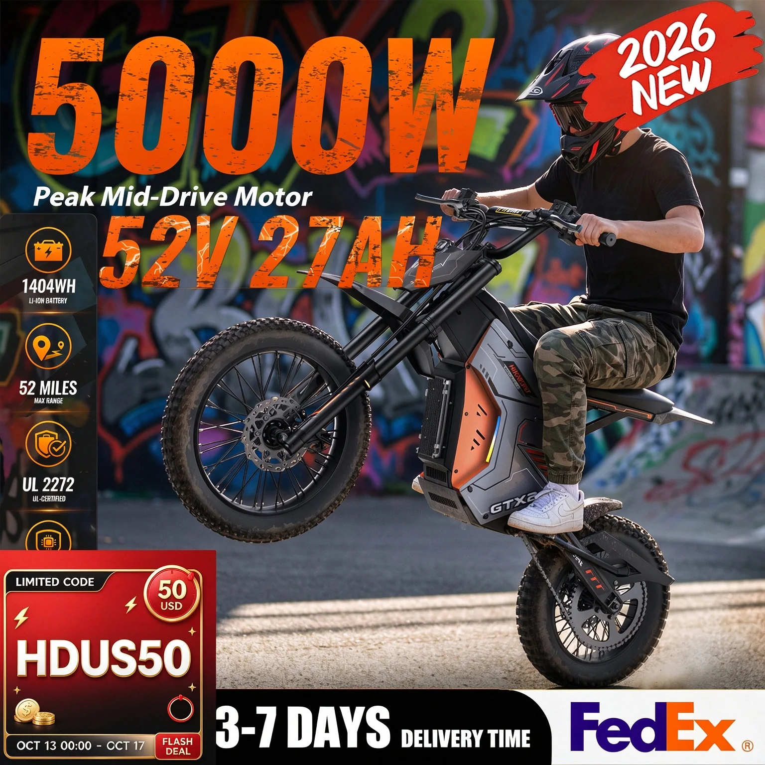 HIKNIGHT NEW GTX2 5000W Peak Youth Electric Off Road Bicycle, RGB Thick Tire High Power Electric Motorcycle, Suitable for People over 13 Years Old, Suitable for All Terrains Including Off-Road, Mountainous, Snowy, Sandy and Urban Roads