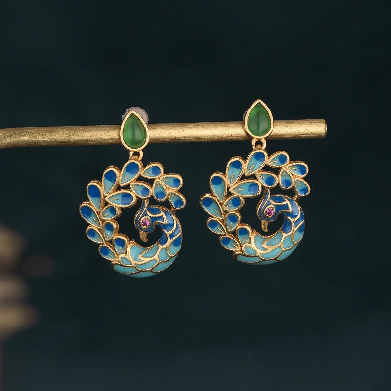 Original Chinese style retro Hanfu cheongsam accessories enamel porcelain peacock earrings for women natural chrysoprase jewelry
