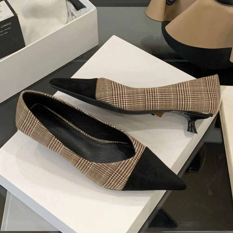 

Модные женские туфли на тонком каблуке с острым носком в стиле пэчворк, удобные замшевые повседневные офисные туфли без шнуровки на низком каблуке с неглубоким носком