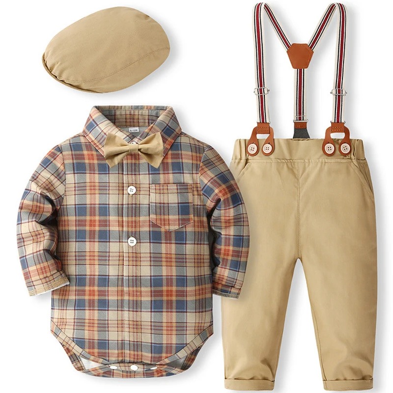 

5Piece Sets Spring Autumn Newborn Boy Clothes Korean Fashion Gentleman Plaid Long Sleeve Tops+Pants Baby Boutique Clothing BC165