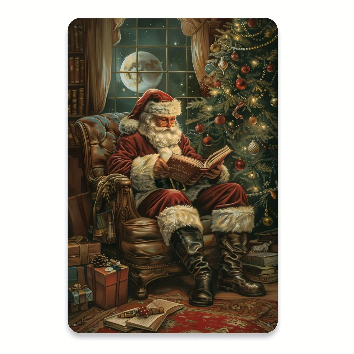 Vintage Santa Claus Reading by Fireplace - Heavy-Duty Tin Metal Tin Sign - Easy-to-Hang Christmas Decoration -  Indoor/Outdoor W