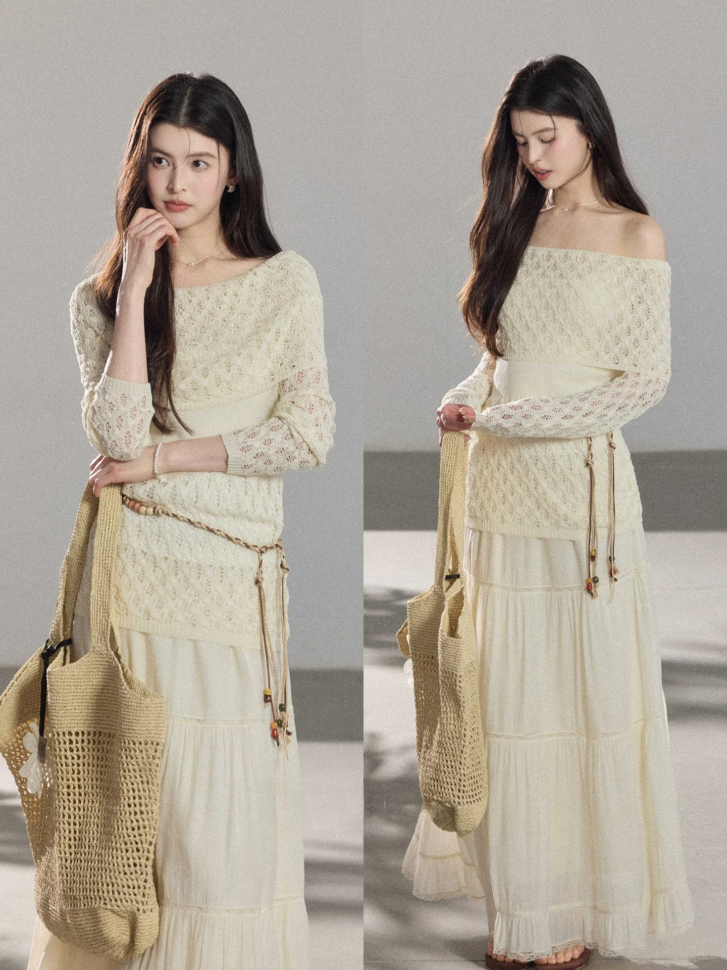 

Elegant Loose Long Sleeve Knitted Top Shoulder Bared One-Shoulder Design Breathable Comfortable Women's Fashion Workwear