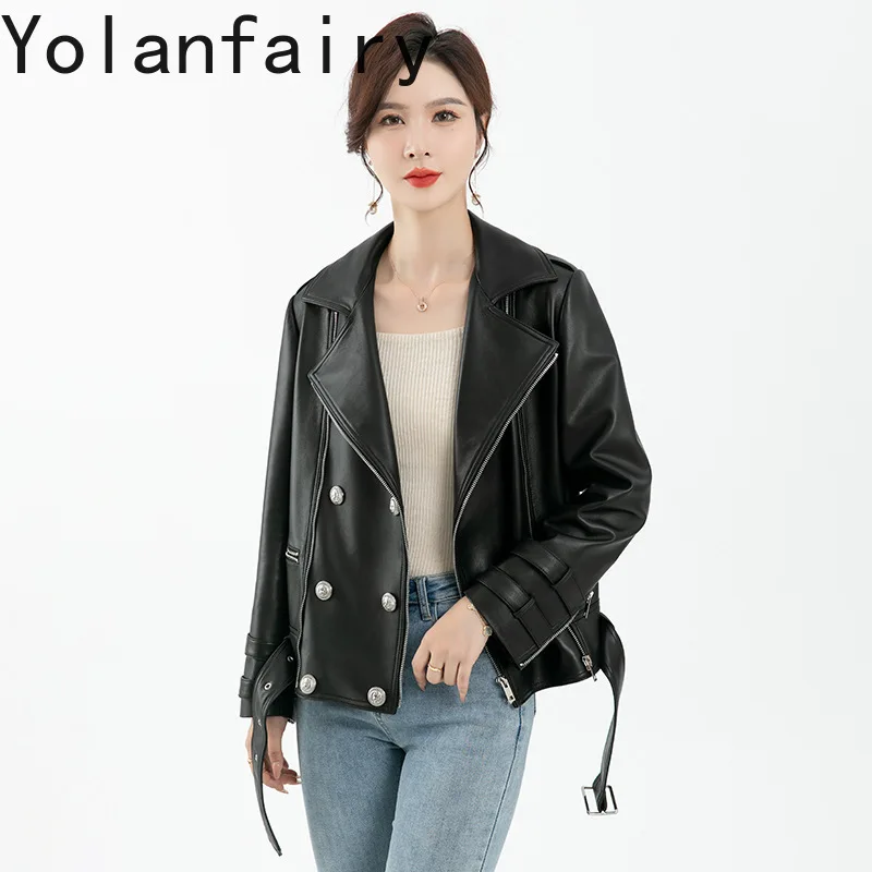 

YOLANFAIRY Genuine Leather Sheepskin Outwears Women Fashion Autumn Short Motorcycle Jacket Suit Collar Coat New Jaqueta Feminina