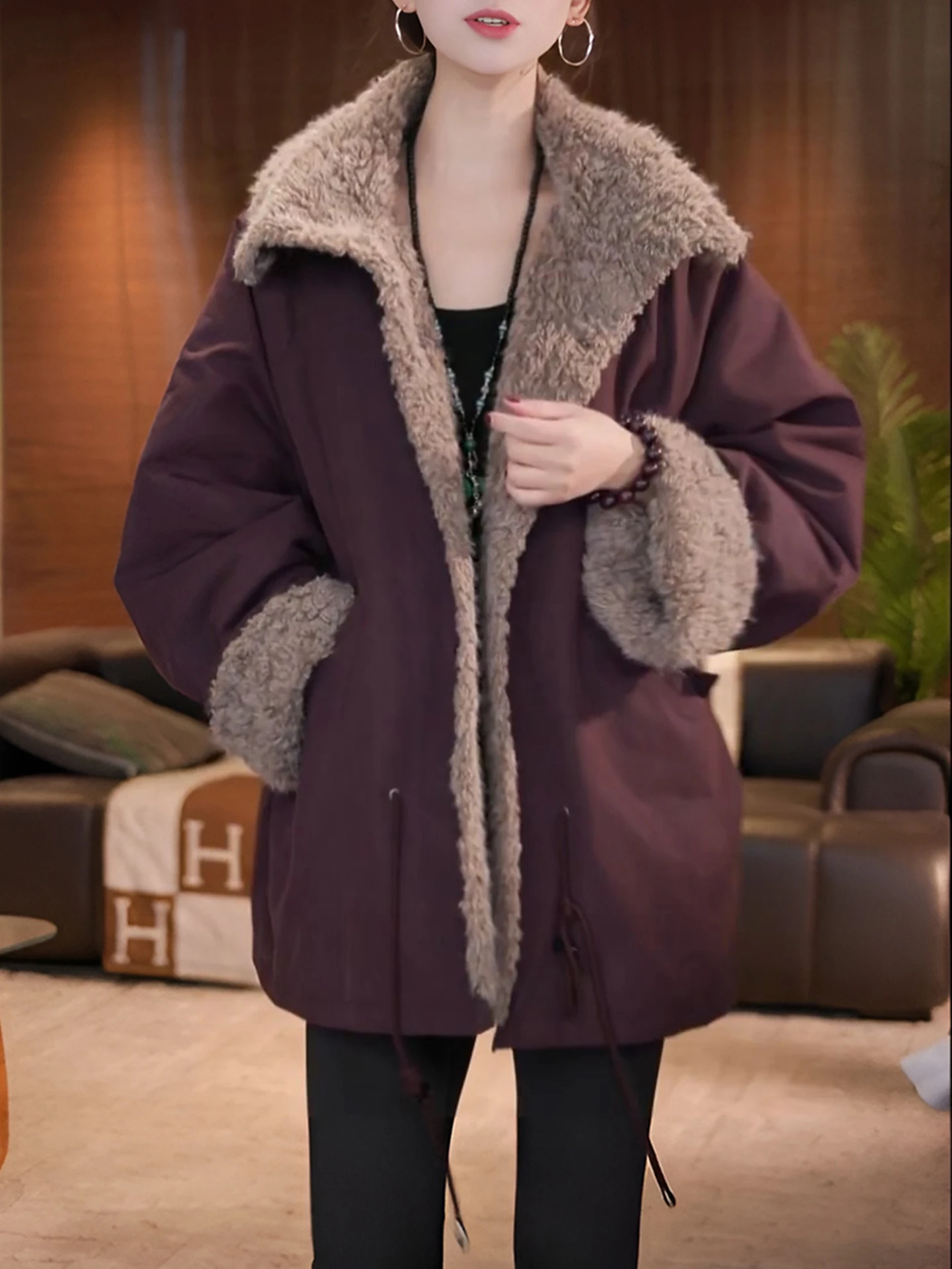 

Retro Fashion Thick Warm Mid-Length Jacket Stand Collar Double-Sided Wear Winter New Style High Quality Outerwear Coat
