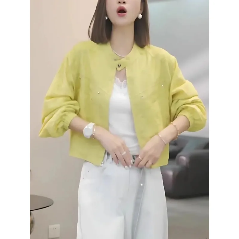 

Women's Yellow Embossed Blouse Jacket Puff Sleeve Casual Short Coat