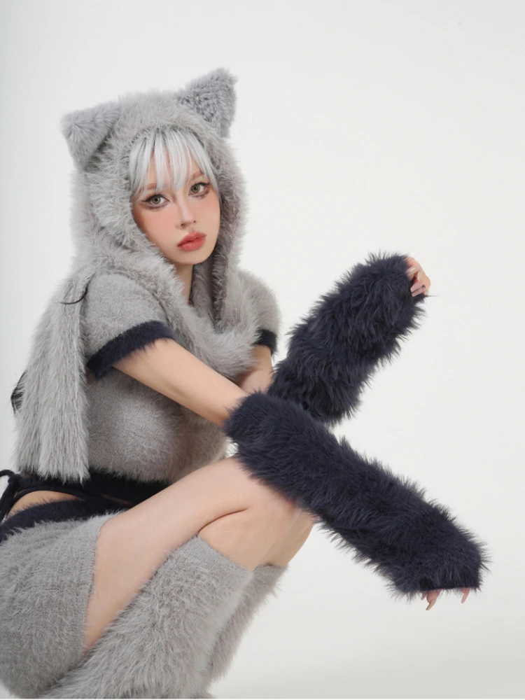 ADAgirl-Ensemble pull Kawaii gris pour femme, manches perfectionnées imbibées, jupe fine, chapeau oreilles de chat, vêtements coréens mignons,