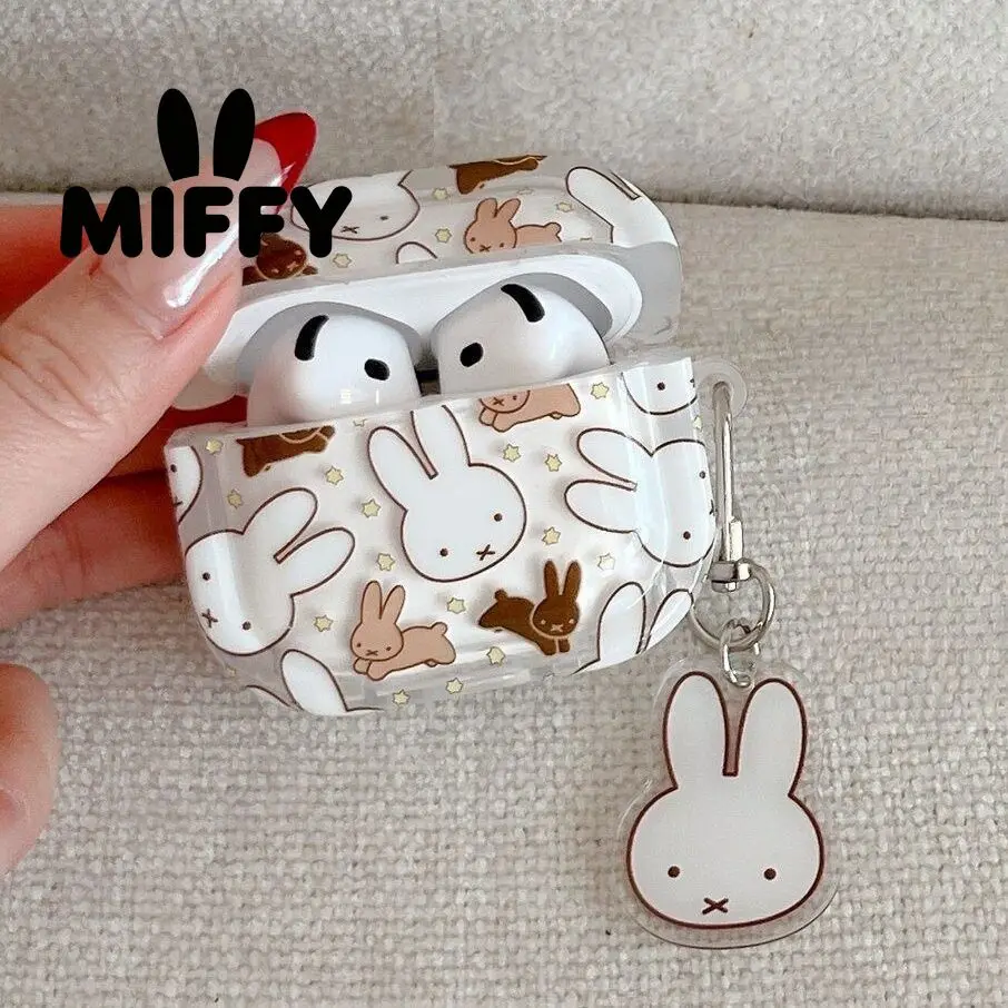Cute Miffy Bunny Airpods Case Cartoon Rabbit Pattern Earphone Cover with Pendant Kawaii Shockproof Protective Shell for Airpods