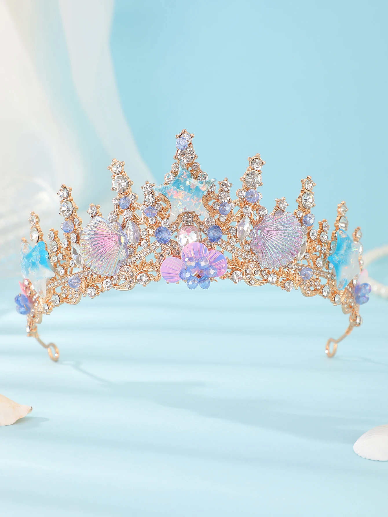 Gold Mermaid Crown with Iridescent Shell & Starfish, Crystal Ocean Tiara, Bridal Beach Wedding Headpiece view 2